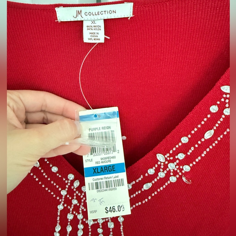 JM Collection Red Embellished V-Neck Sweater XL NWT Holiday Christmas - Picture 3 of 4
